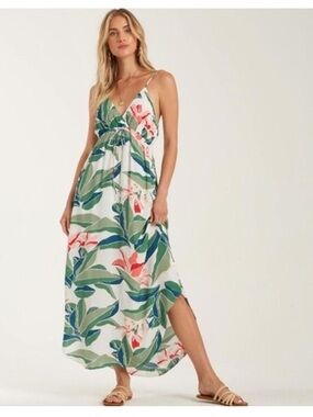 Billabong tropical floral maxi dress pink & green leaf print Size XS 100% Rayon